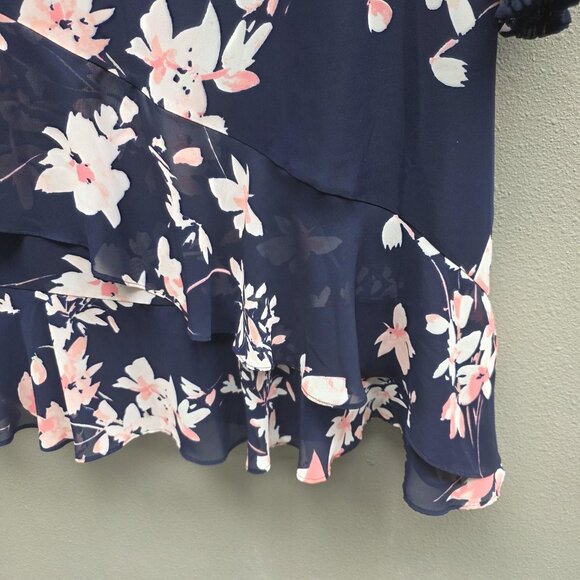 Eliza J Dress Womens 18W Navy Blue Floral Chiffon Long Sleeve Ruffle Hem Shift - Picture 5 of 16